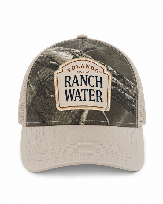 Ranch Water camo trucker cap, front